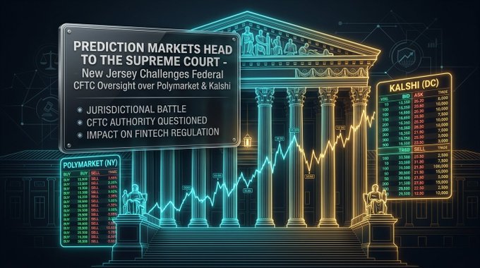 A graphic depicting prediction markets heading to the Supreme Court, with text noting 'New Jersey Challenges Federal CFTC Oversight over Polymarket & Kalshi', showing a courthouse with columns and trading data displays.