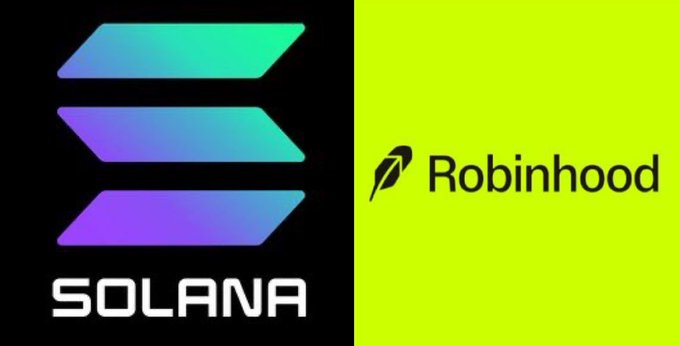 Split image showing the Solana logo on a black background on the left and the Robinhood logo on a yellow background on the right.