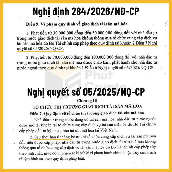 Vietnamese legal document showing 'Nghị định 284/2026/NĐ-CP' and 'Nghị quyết số 05/2025/NQ-CP' regarding cryptocurrency asset regulations.