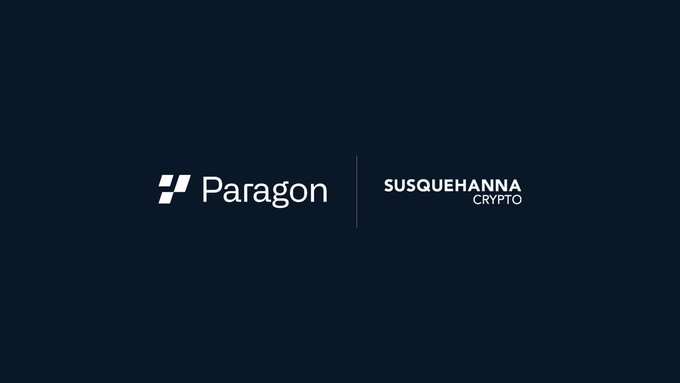 Minimalist dark navy graphic displaying the Paragon logo alongside the Susquehanna Crypto logo separated by a vertical line.