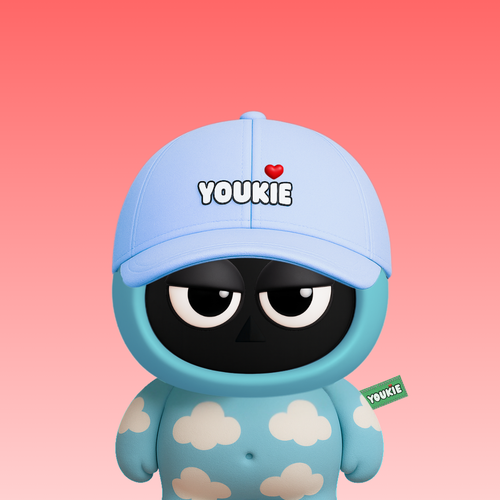 A 3D-rendered blue cartoon character wearing a cap and shirt with cloud patterns, featuring 'YOUKIE' branding on both the hat and a side tag.