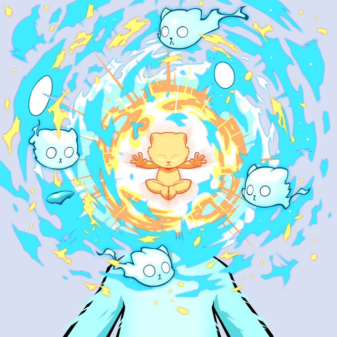The image features a cat character in a blue shirt surrounded by other cat characters, all of whom are sitting or floating around in various patterns of white, yellow, and black. The scene appears to be colorful with elements like steam coming from the bottom left corner. In the top right corner of the image, there is text that reads: "As promised, every 0.005 ETH increase in floor price for Kabu will mean another NFT given out to you guys In celebration of hitting 0.03ETH, I'm giving someone who comments with their favorite NFT from the communities listed in the comments a Kabu!".