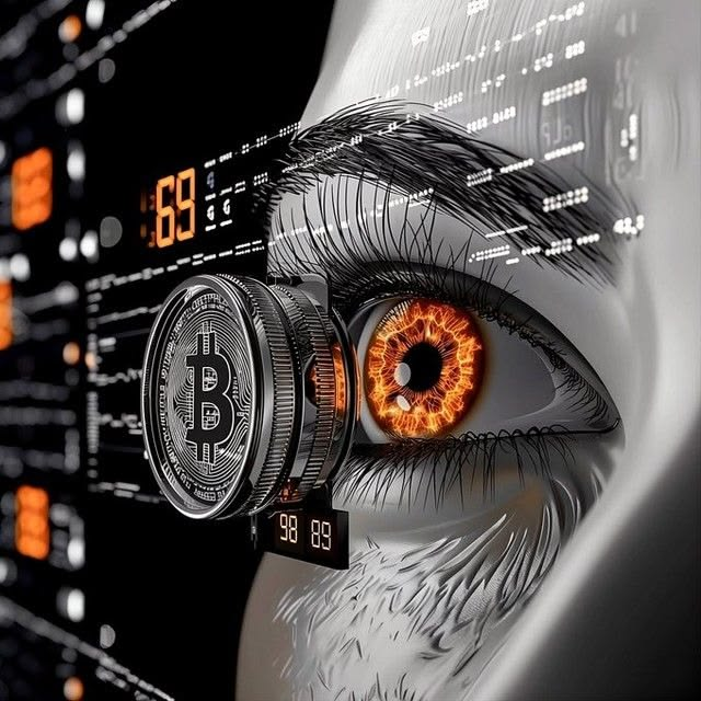 A dramatic, high-contrast close-up of a person's eye with an orange-fiery iris, reflecting a Bitcoin (₿) coin and digital data streams in the pupil.
