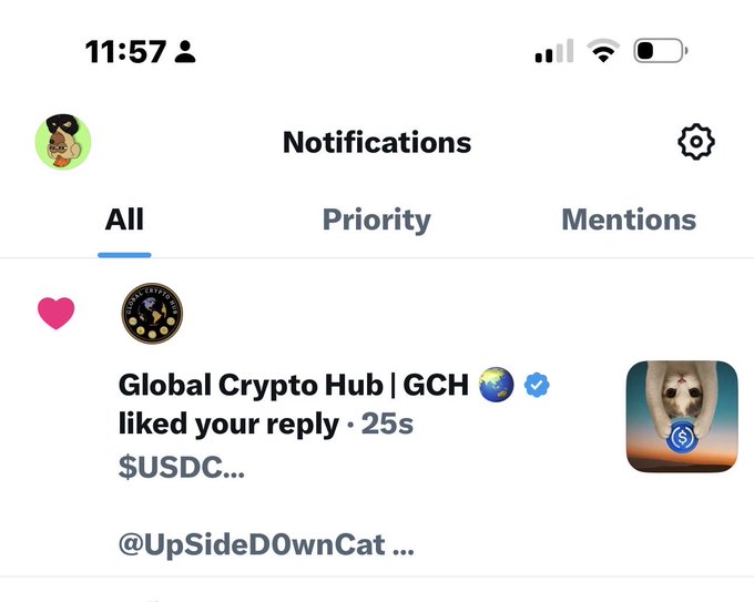 The image shows a social media post with a message about global crypto hub, GCH. It appears that someone has posted this message on a social media platform, possibly using a messaging app like Twitter or Instagram. The post includes an image of a dog's head and a heart icon, which could be used to convey the idea of liking something or expressing appreciation for it. The caption of the post reads "Global Crypto Hub GCH liked your reply - 25s". This message seems to be related to the global crypto hub, as indicated by the use of the hashtag #GlobalCryptoHubGCH.