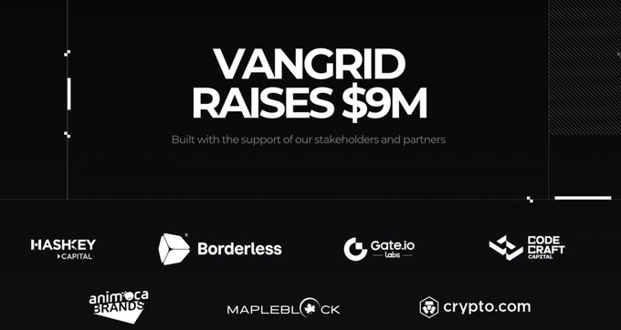 A promotional graphic announcing "VANGRID RAISES $9M" with the tagline "Built with the support of our stakeholders and partners," featuring logos of investors and partners including HashKey Capital, Borderless, Gate.io Labs, CodeCraft Capital, Animoca Brands, Mapleblock, and Crypto.com. The image highlights VanGrid's recent funding milestone, supporting the post's message about the company's role in providing ground-level spatial data for robotics and AI.