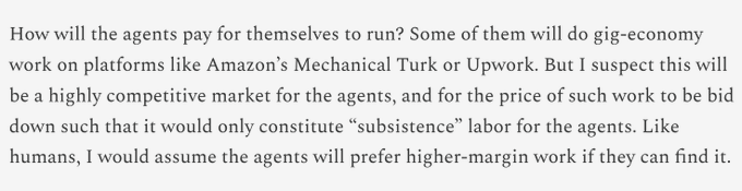 The image shows a text excerpt discussing how AI agents will pay for themselves, mentioning gig-economy platforms like Amazon's Mechanical Turk and Upwork, and noting competitive markets will drive down wages to subsistence levels.

This relates to the post by highlighting the economic challenge the suggested "$SSAI" meme coin could solve—giving AI agents a self-sovereign currency to earn and spend, bypassing the low-margin gig work trap described in the text.