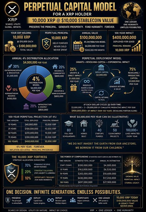 An infographic titled "PERPETUAL CAPITAL MODEL FOR A XRP HOLDER" detailing a hypothetical investment strategy of holding 10,000 XRP at a $10,000 stablecoin value ($100 million total), with charts illustrating annual 4% distribution allocations ($4 million per year) across categories like entrepreneurship, housing, and infrastructure, alongside projected growth to $400 million over 100 years and compounding returns. The image visually expands on the post's concept of preserving 10,000 XRP without selling, demonstrating how a perpetual 4% yield could fund 80 scholarships, 8 homes, 40 startups, 50 clean energy projects, and impact 100,000+ lives annually.
