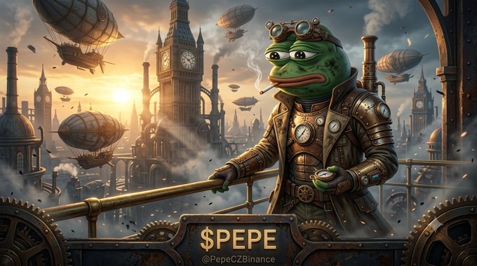 A steampunk-styled Pepe the Frog in goggles and a clock-adorned coat smokes a cigarette on a balcony overlooking a Victorian cityscape filled with airships and Big Ben, with "$PEPE" and "@PepeCZ.Binance" displayed prominently below. The image reinforces the post's message by portraying Pepe as a persistent, unshakable presence—standing firm against a dramatic backdrop, just as the frog "refuses to leave the conversation" in the crypto world.