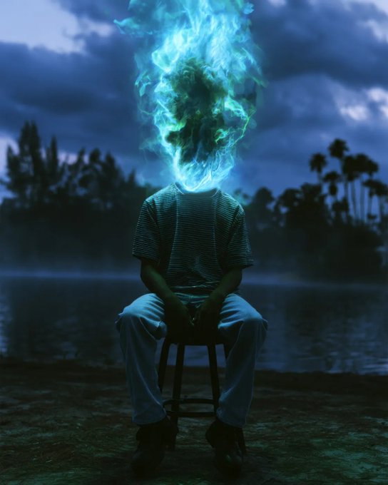 A surreal image of a person sitting on a stool by a misty lake at twilight, where their head has been replaced by a swirling cloud of blue and green fire or smoke.