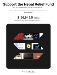 The image shows a fundraising page for "Support the Nepal Relief Fund" displaying $166,946.5 raised, with a grid of crypto donation options. It relates to the @mallowdotart collaboration by featuring artwork attribution at the bottom and likely facilitating donations through their platform.