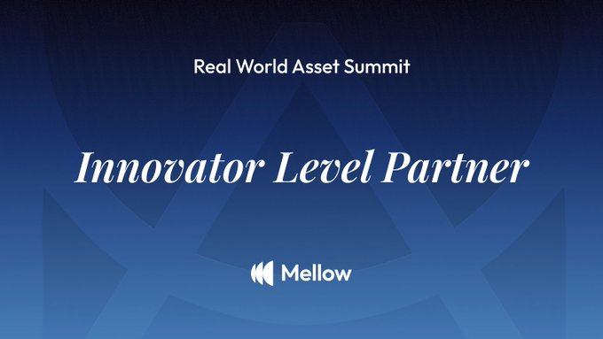 A blue gradient digital graphic announcing 'Mellow' as an 'Innovator Level Partner' for the 'Real World Asset Summit.'