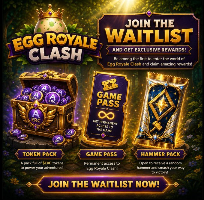 A promotional graphic for "Egg Royale Clash" inviting users to join a waitlist with three reward tiers: a Token Pack featuring ERC tokens, a Game Pass for permanent access, and a Hammer Pack containing random hammers. The design uses fantasy-themed treasure imagery with a golden treasure chest, ornate cards, and a glowing hammer against a mystical forest backdrop, aligning with the post's message about early access opportunities to the Web3 game on Arc chain.