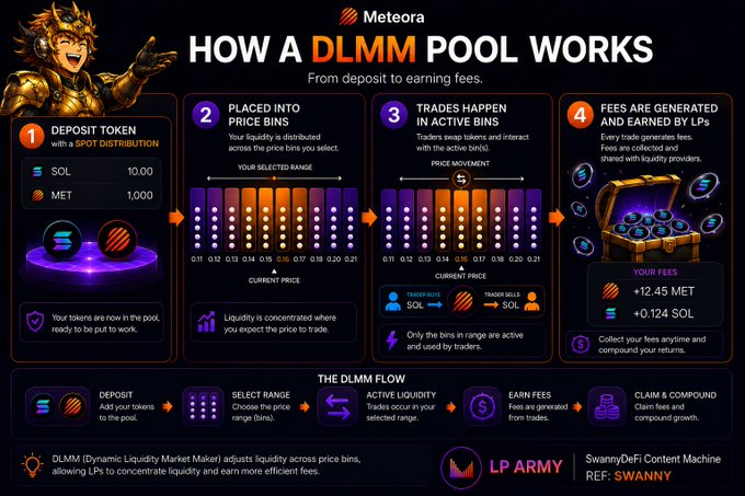 An infographic titled 'Meteora HOW A DLMM POOL WORKS - From deposit to earning fees' illustrates the 4-step DLMM Liquidity process (Deposit Token, Placed into Price Bins, Trades Happen, Fees Generated) for SOL and MET tokens, referencing 'LP ARMY' and 'SwannyDeFi Content Machine'.