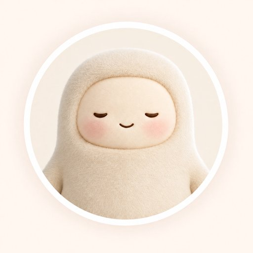 An illustration of a cute, fluffy, beige-colored character with closed eyes and pink cheeks, shown inside a white circular border on a light beige background.