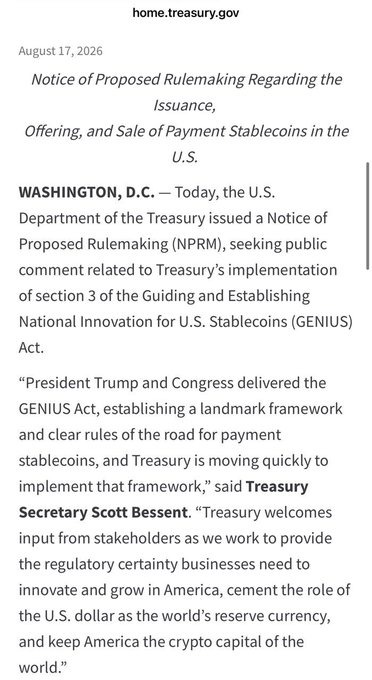 A screenshot from home.treasury.gov dated August 17, 2026, announcing a Notice of Proposed Rulemaking regarding the issuance, offering, and sale of payment stablecoins under the GENIUS Act, with a quote from Treasury Secretary Scott Bessent.