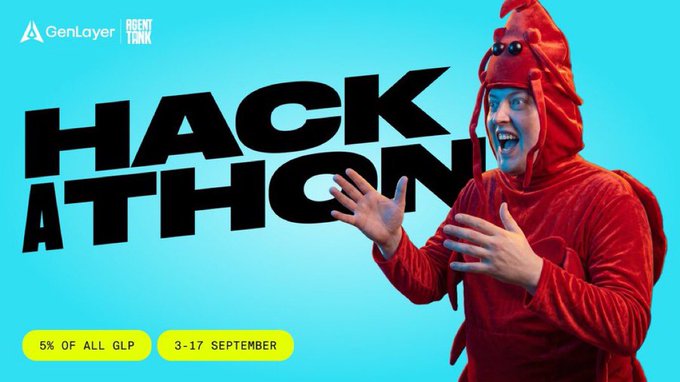 A promotional graphic for 'HACKATHON' features a person in a red lobster costume, with text indicating '5% OF ALL GLP' and the date '3-17 SEPTEMBER' under the 'GenLayer AGENT TRUNK' logo.