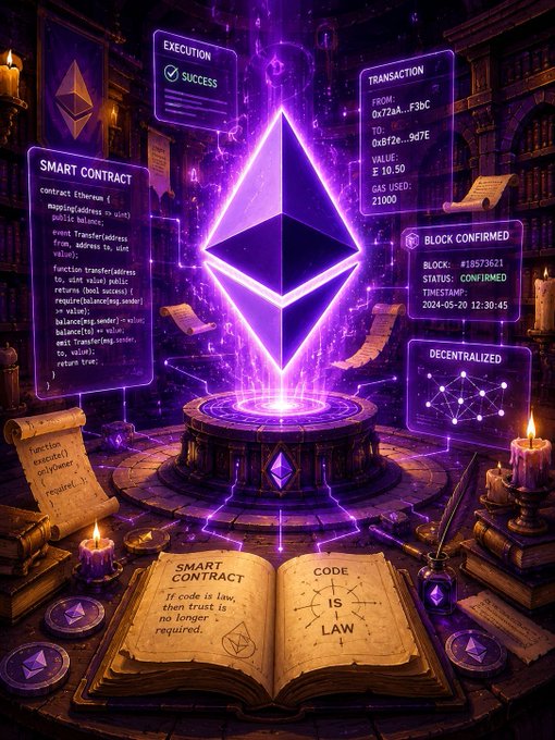 The image features an open book with a large purple gemstone, surrounded by various symbols and texts related to smart contracts and Ethereum. The text explains that smart contracts are the engine of Ethereum innovation, transforming blockchain technology into real-world applications.
