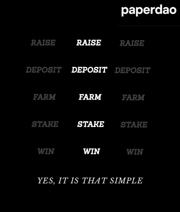 A dark promotional graphic with the 'paperdao' logo in the top right, listing repeated actions like 'RAISE', 'DEPOSIT', 'FARM', 'STAKE', and 'WIN', followed by the text 'YES, IT IS THAT SIMPLE' at the bottom.