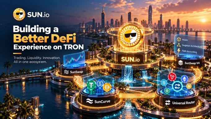 A promotional graphic for SUN.io features a golden logo and the text 'Building a Better DeFi Experience on TRON' with 'Trading. Liquidity. Innovation. All in one ecosystem.' The background displays a futuristic cityscape and floating product icons including SunSwap, SunCurve, and Universal Router.