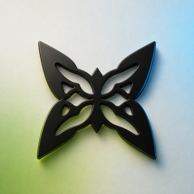 A 3D rendered black butterfly-shaped emblem or logo with intricate cutout patterns, displayed against a gradient background transitioning from light blue to yellow-green.