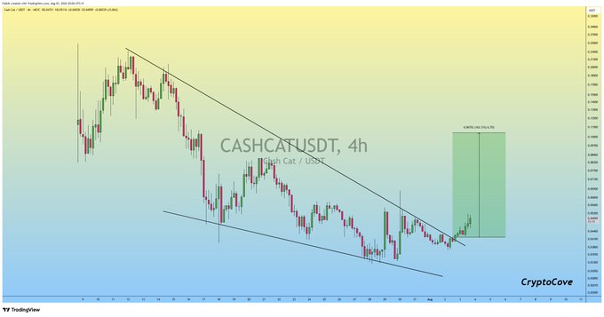 A TradingView 4-hour candlestick chart for CASHCAT/USDT shows a descending channel breakout with an annotated green profit target zone, corresponding to the post highlighting +25% profit since entry.