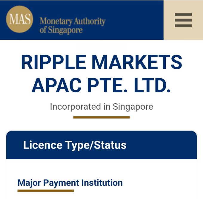 The image is a screenshot from the Monetary Authority of Singapore (MAS) website showing that Ripple Markets APAC Pte. Ltd., incorporated in Singapore, holds a "Major Payment Institution" license status. This visually confirms the accompanying post's claim that Ripple is officially registered as a Major Payment Institution under MAS regulation, with the image also referencing the $XRP and $RLUSD tickers mentioned in the caption.