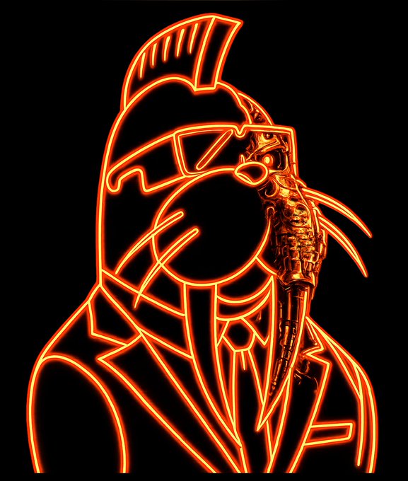 A stylized neon orange line-art illustration depicts a figure wearing a suit, glasses, and a wide-brimmed hat, whose face transforms into a mechanical, robotic skull against a black background.