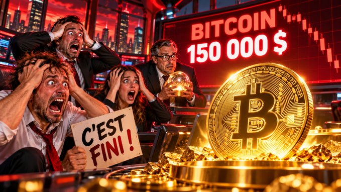 AI-generated satirical image depicting panicked crypto traders reacting to a Bitcoin price display reading 'BITCOIN 150 000 $', with one person holding a sign saying 'C'EST FINI !' and a large golden Bitcoin coin surrounded by gold bars.