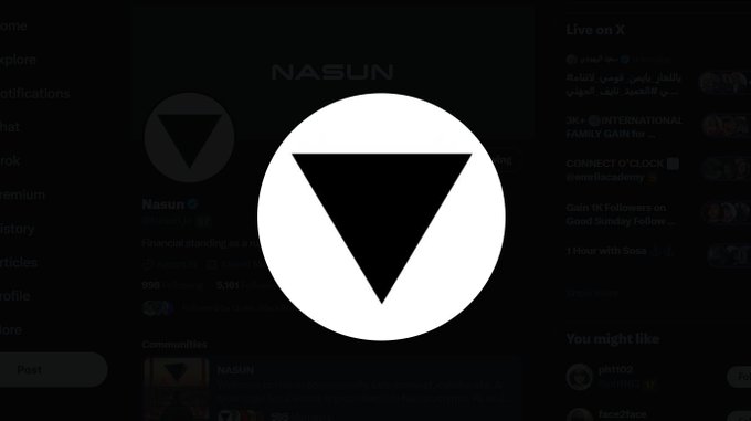 A white downward-pointing triangle inside a circle logo is overlaid on a dark background displaying a social media profile interface for 'NASUN', with partial text like 'Live on X' visible.