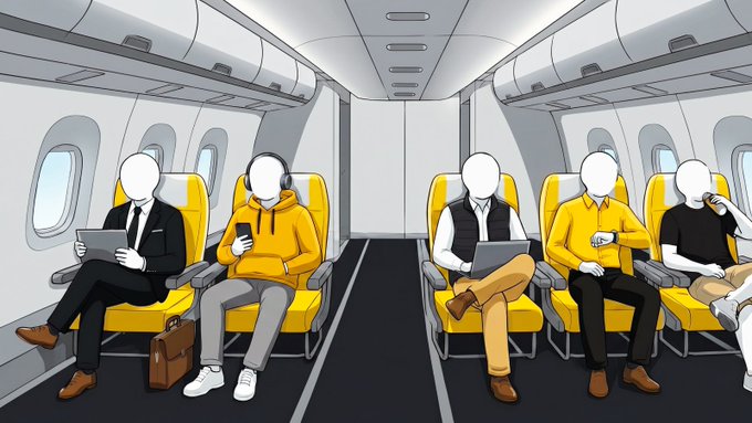 A stylized cartoon illustration depicts several faceless, simple "wojak" characters—dressed in varied outfits like suits, hoodies, and vests—seated inside an airplane cabin, with some using phones, laptops, or just sitting idle. The image visually represents the diverse, anonymous personas of internet meme culture that the post is highlighting, emphasizing how the generic "wojak" figure has become a universal symbol for everyday online personas.