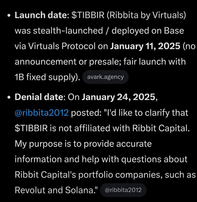The image shows a timeline highlighting that $TIBBIR (Ribbita by Virtuals) was stealth-launched on Base via Virtuals Protocol on January 11, 2025, with a 1B fixed supply, followed by a denial on January 24, 2025, when @ribbita2012 clarified the token is not affiliated with Ribbit Capital. The caption reinforces this narrative by suggesting the stealth launch was intentional, implying $WALLET is the "real" project while the blockchain data exposes the $TIBBIR connection.