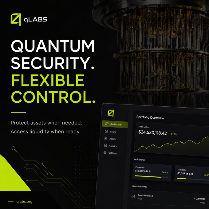 The image shows an advertisement for Quantum Security Platform developed by Q-Vault, which claims to be a quantum safe cryptocurrency solution. The platform displays its features, including a user interface displaying asset values and transactions. The text from the image emphasizes that "Quantum security is protecting assets when needed," indicating the importance of the platform in ensuring secure transactions in a crypto market.