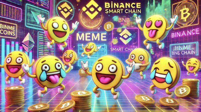 A vibrant, neon-colored AI-generated illustration celebrating BNB meme coins, featuring cartoon emoji-style characters celebrating on Binance Smart Chain with Bitcoin and BNB logos in the background.