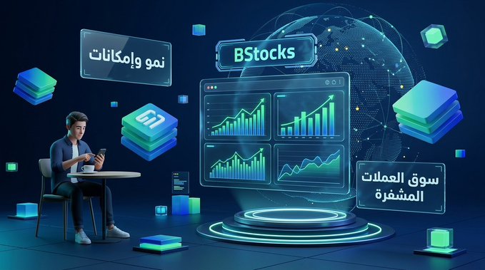 The image is a digital illustration featuring a young man seated at a desk working on a laptop, surrounded by floating holographic displays showing financial charts, a globe with network nodes, and the labels "BStocks," "نمو وإمكانيات" (Growth and Potential), and "سوق العملات المشفرة" (Cryptocurrency Market). It visually reinforces the post's message about BStocks being a promising crypto investment built on real value, ongoing development, and updates rather than mere hype, with the upward-trending charts symbolizing its growth potential within the broader crypto market.