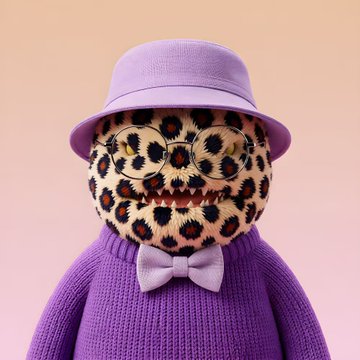 A leopard character wearing a purple bucket hat, a purple knitted sweater, and a lavender bow tie poses against a pink gradient background.