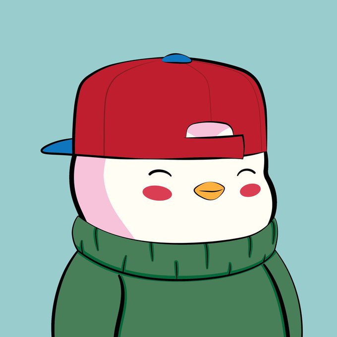 A cartoon Pudgy Penguin character wearing a backwards red cap and green hoodie smiles against a light blue background. The image represents the Pudgy Penguins NFT brand being discussed in the post about holding the investment due to the team's strong LinkedIn presence.