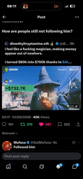 X (Twitter) post screenshot quoting dimethyltryptamine.eth about turning $80k into $700k via AI with a chart showing +$732.7K gains.