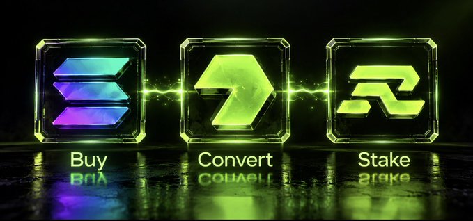 A digital graphic showing three neon-lit icons labeled 'Buy', 'Convert', and 'Stake', representing cryptocurrency exchange actions.