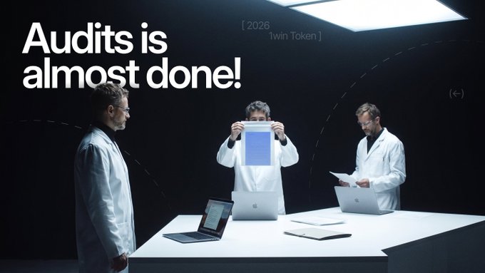 Three researchers in white lab coats examine documents and laptops in a dark lab, with the headline "Audits is almost done!" displayed alongside the "[2026 1win Token]" branding, reinforcing the post's message that security audits from CertiK and Halborn are nearing completion for the 1win Token launch.