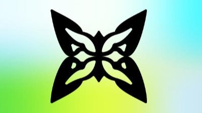 A black butterfly emblem or tribal design centered on a gradient background of cyan, green, and yellow.