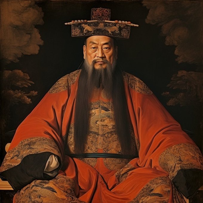 A classical painting of an East Asian man with a long black beard, wearing a red robe with intricate gold patterns and a decorative flat hat, seated against a dark background.