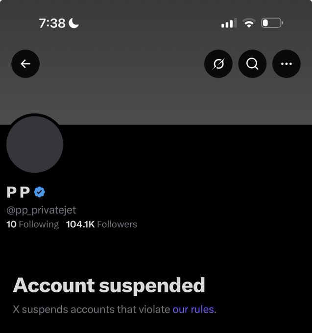 A screenshot of a social media profile shows an account named 'PP' (@pp_privatejet) with 104.1K followers that has been suspended, displaying the message 'Account suspended. X suspends accounts that violate our rules.'