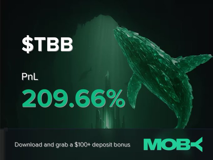Advertisement for MOBX showing $TBB with a PnL of 209.66%, featuring a green whale graphic and a $100+ deposit bonus offer.
