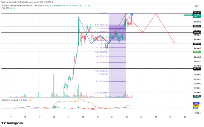 A TradingView candlestick chart of BTCUSDT perpetual contract on Binance, showing price action near 78,930.5 with Fibonacci retracement levels and red trend lines.