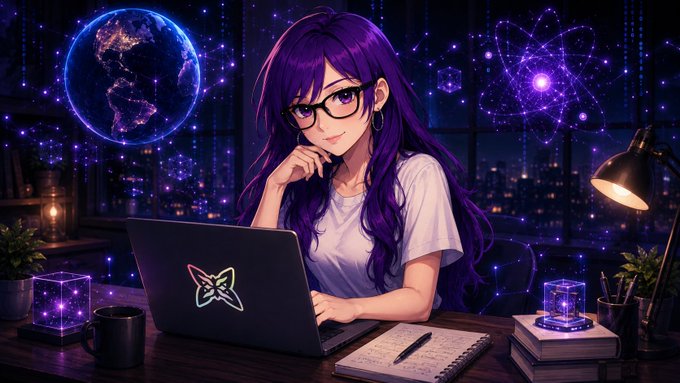 An anime-style illustration of a purple-haired girl wearing glasses working on a laptop in a magical, starry room with a glowing Earth and atom symbol in the background.