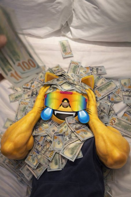 A composite meme image showing a muscular yellow cartoon character wearing rainbow sunglasses, crying tears of joy while lying on a bed covered in scattered $100 bills.