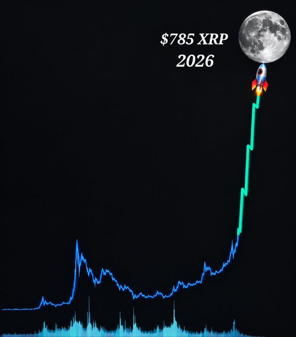 A cryptocurrency price chart showing a dramatic upward spike with text '$785 XRP 2026', featuring a rocket ship launching toward a full moon at the top of the graph.