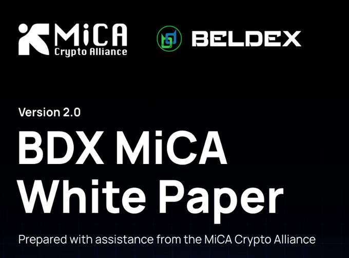 A black cover page displays 'MiCA Crypto Alliance' and 'BELDEX' logos, titled 'BDX MiCA White Paper Version 2.0', prepared with assistance from the MiCA Crypto Alliance.