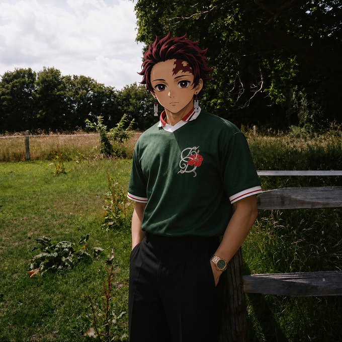 Anime-style portrait of a young man with red hair wearing a green and red collared shirt and a watch, standing outdoors by a wooden fence with green foliage and grass.