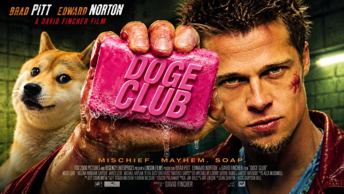 A parody movie poster titled 'DOGE CLUB' mimicking Fight Club features a Shiba Inu dog, a pink bar of soap, and a man resembling Brad Pitt, with text crediting 'BRAD PITT', 'EDWARD NORTON', and 'A DAVID FINCHER FILM', along with the tagline 'MISCHIEF. MAYHEM. SOAP.'